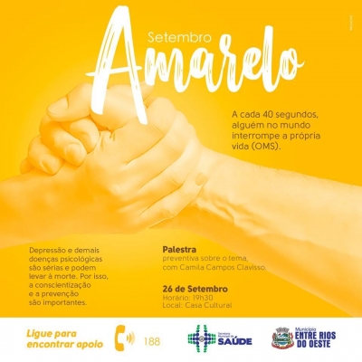 PALESTRA DE PREVENÇÃO AO SUICÍDIO SERÁ REALIZADA EM ENTRE RIOS DO OESTE